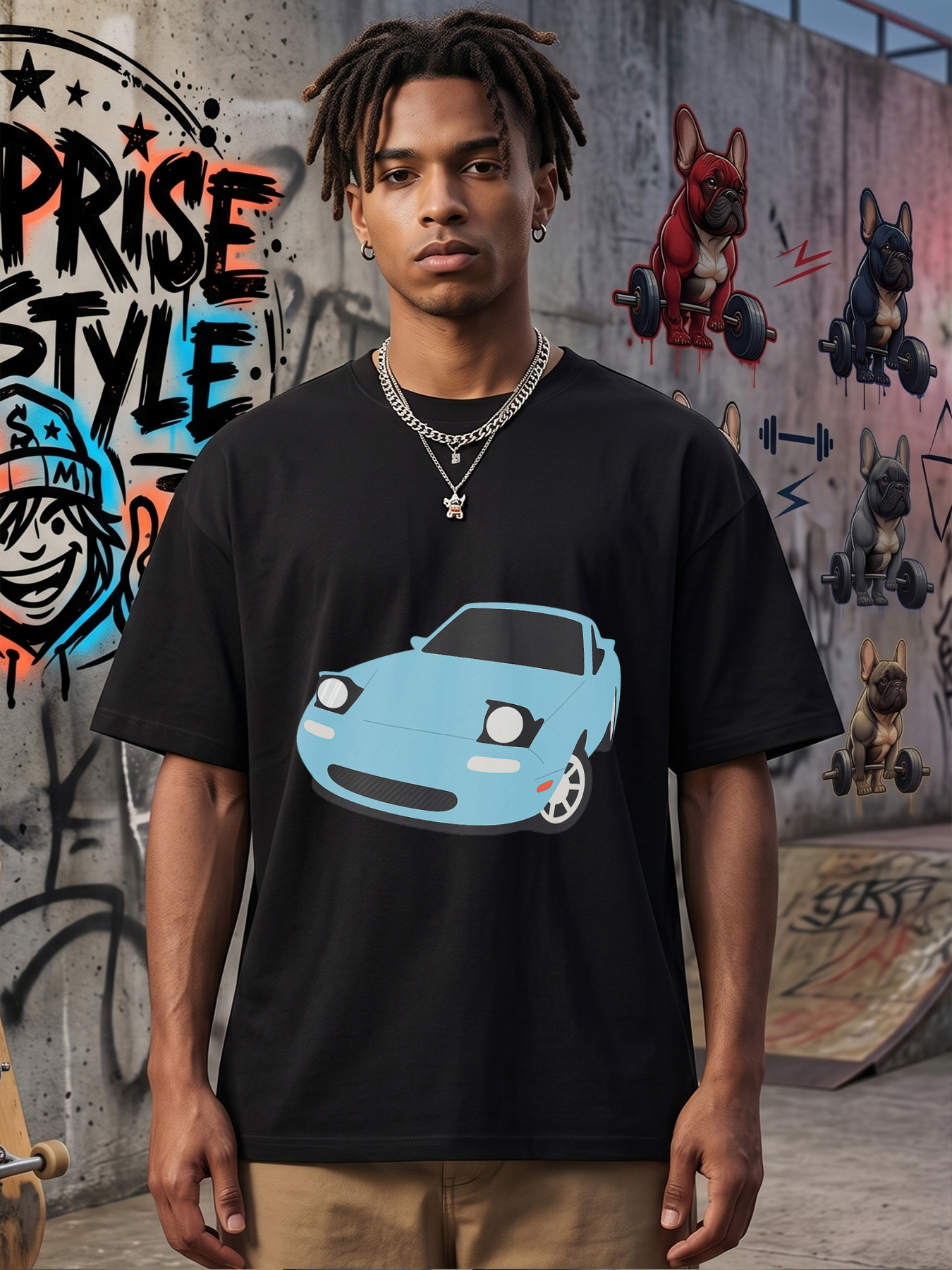 Men's Printed T-Shirt with Blue Sports Car Graphic Design Casual Round Neck Lightweight Breathable Summer Short Sleeve T-Shirt for Car Enthusiasts and Automotive Fans