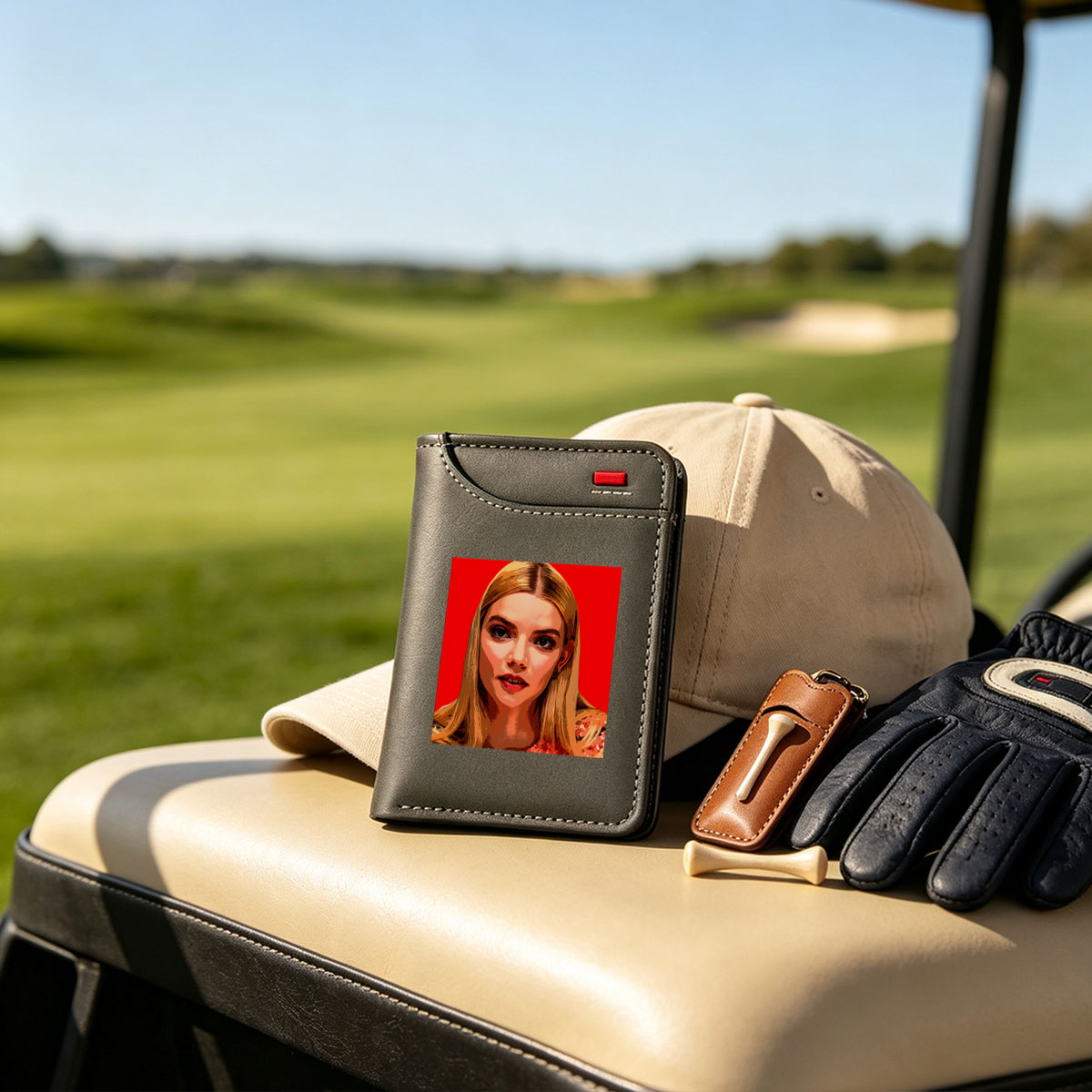 Anya Taylor-Joy in a stylized portrait with bold red background - Vertical Style Wallet