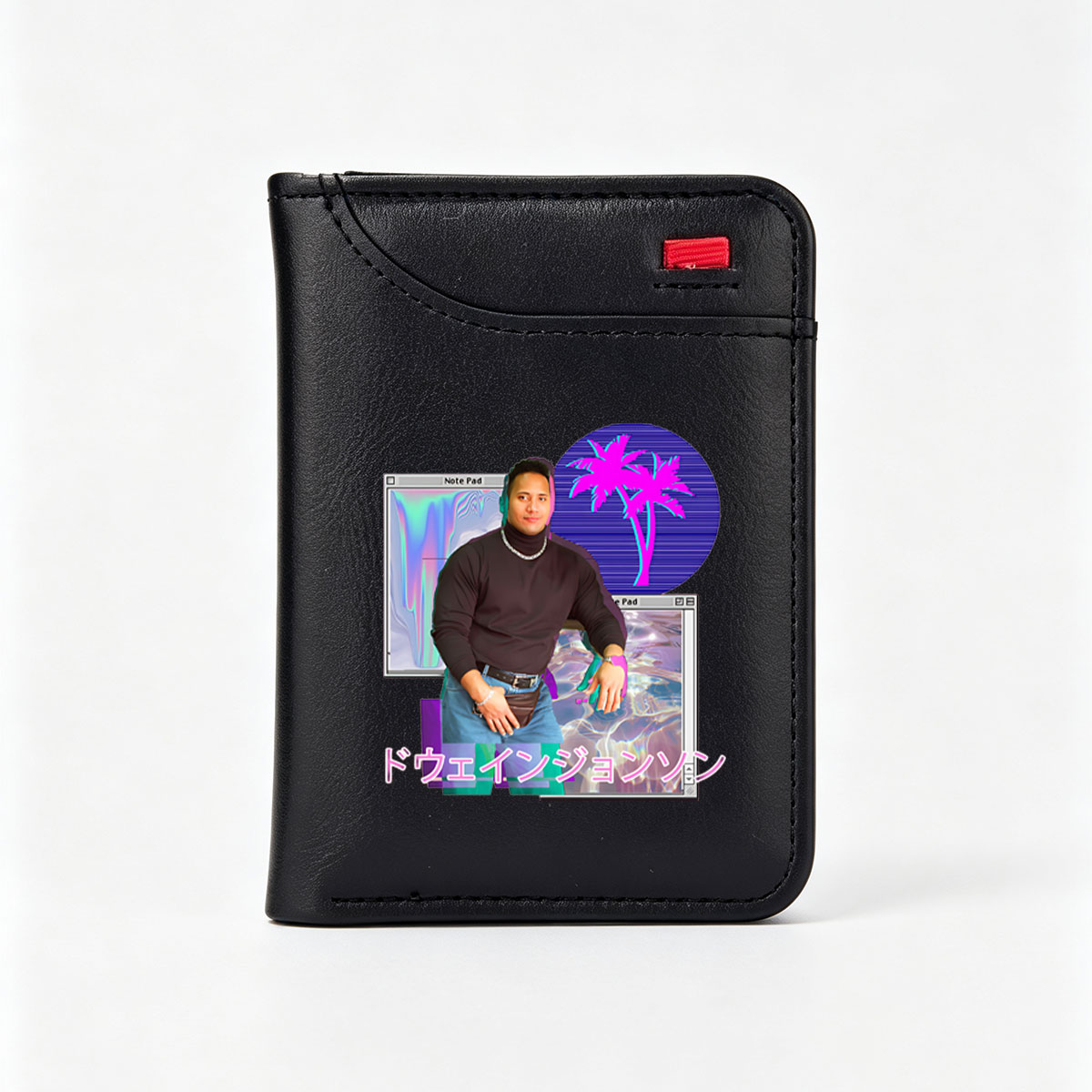 Dwayne Johnson in a Retro Digital Art Collage with Neon Palm Tree and Note Pad Background - Vertical Style Wallet