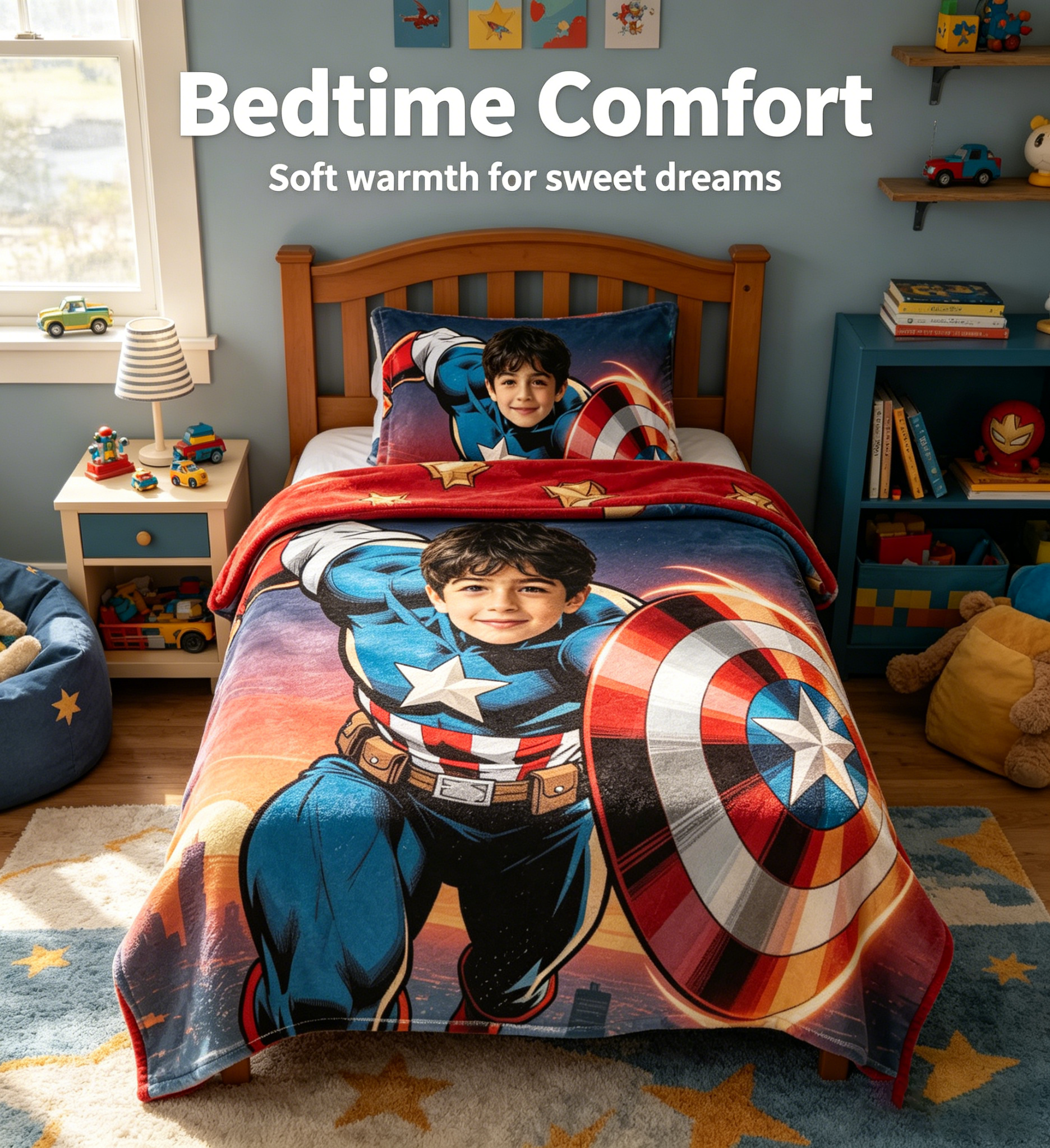 Personalized Captain America Custom Face Blanket | 280G Flannel Fleece Superhero Throw Blanket for Kids Boys Birthday Gift