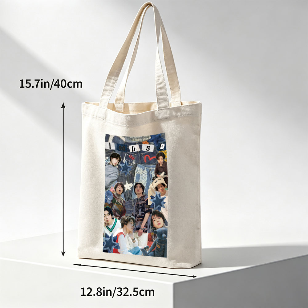 IMASE Members in a Denim-Themed Collage with Stars and Playful Elements - Canvas tote bags