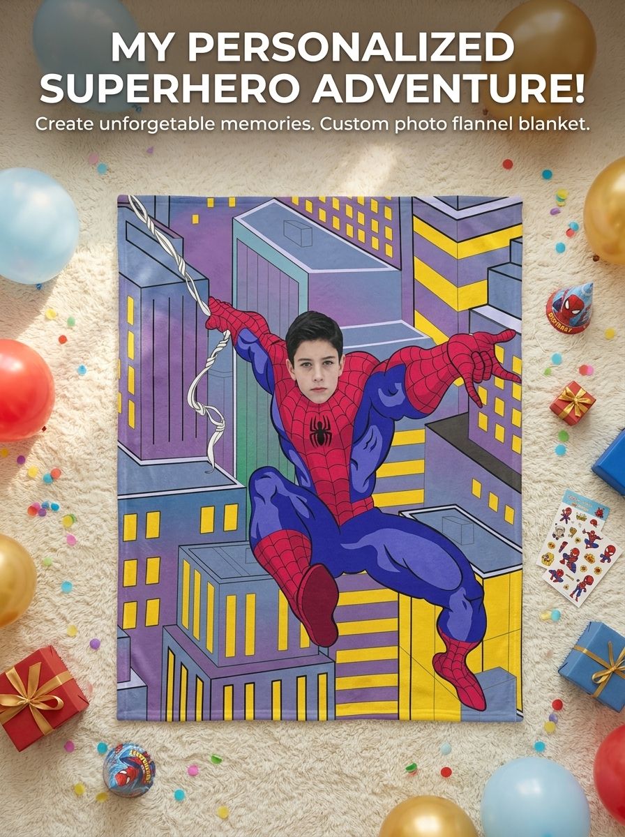 Personalized Superhero Photo Blanket Custom Face Soft Flannel Throw Cozy Birthday Gift for Kids and Superhero Fans