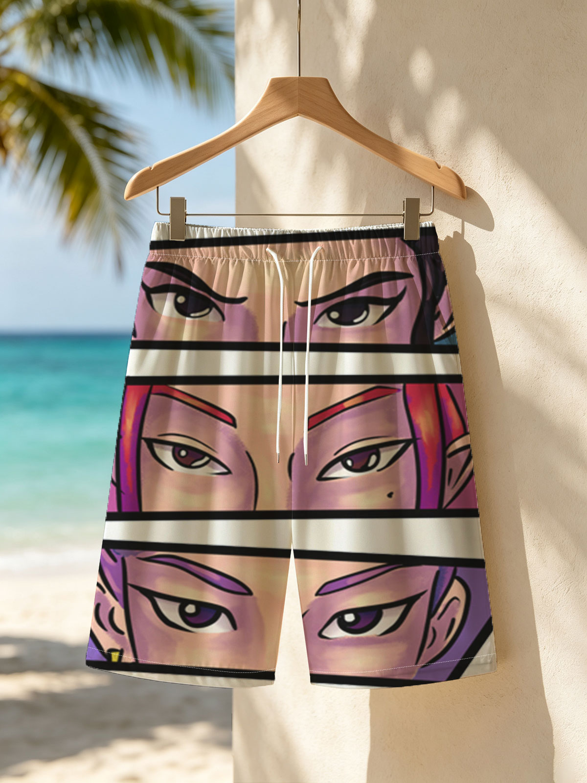 Three Anime Characters with Intense Eyes: Close-Up Portraits -  Beach shorts