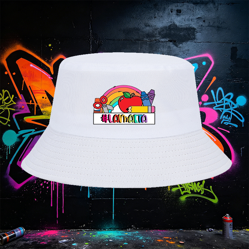 Unisex Bucket Hat with Rainbow Apple and School Supplies Print, #LAMMAETA Design, Classic Cotton Sun Hat for Outdoor Activities, Perfect for Students and Teachers
