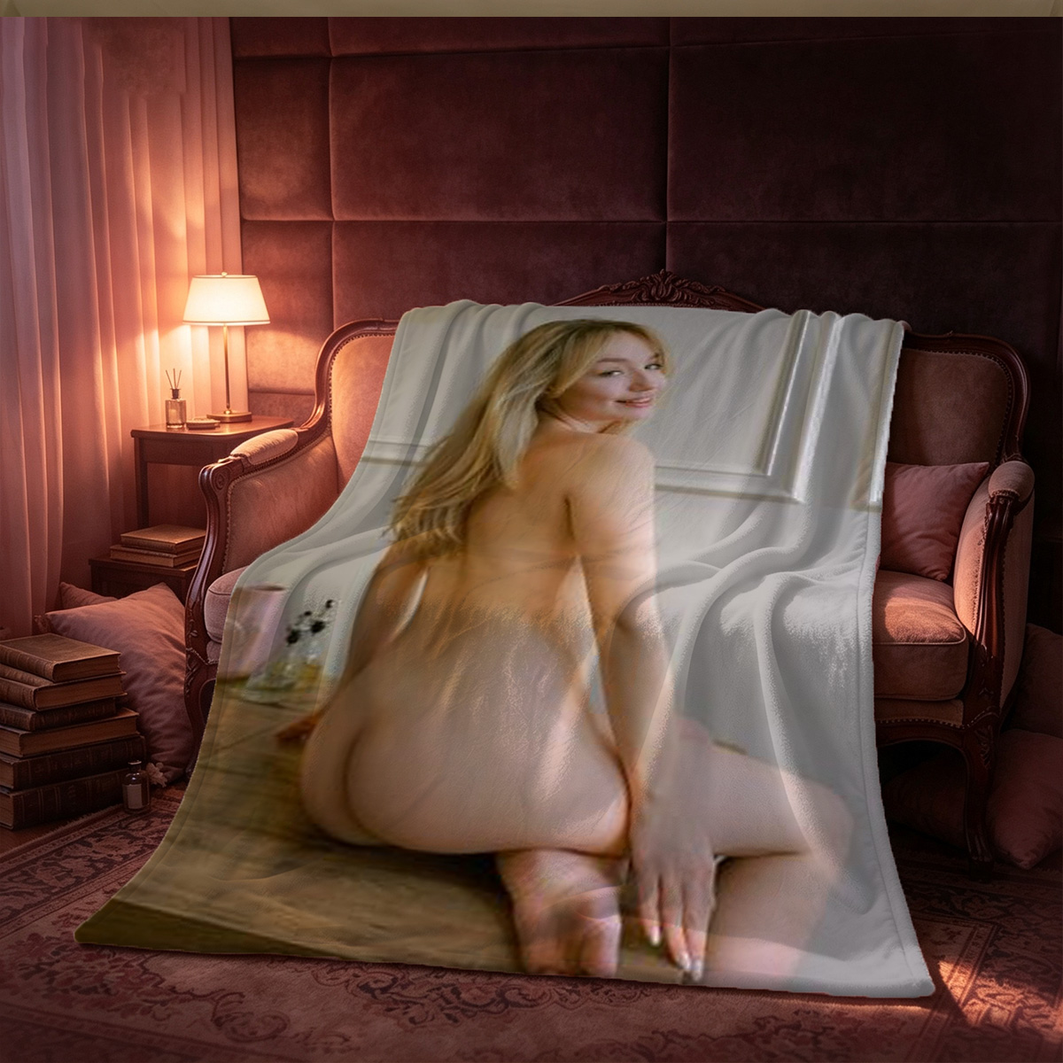 Purple Floral Lace Thong on Tanned Skin - Blanket
