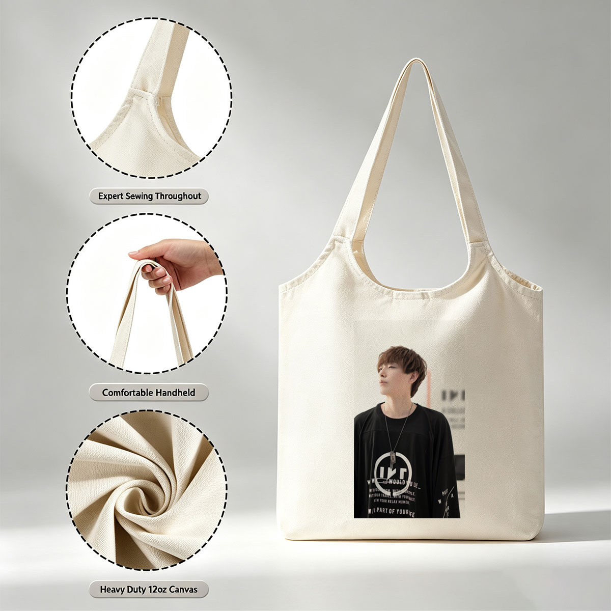 Taka from ONE OK ROCK in a Casual Outdoor Scene Wearing a Black Graphic T-Shirt and Necklace - Canvas shoulder bags/