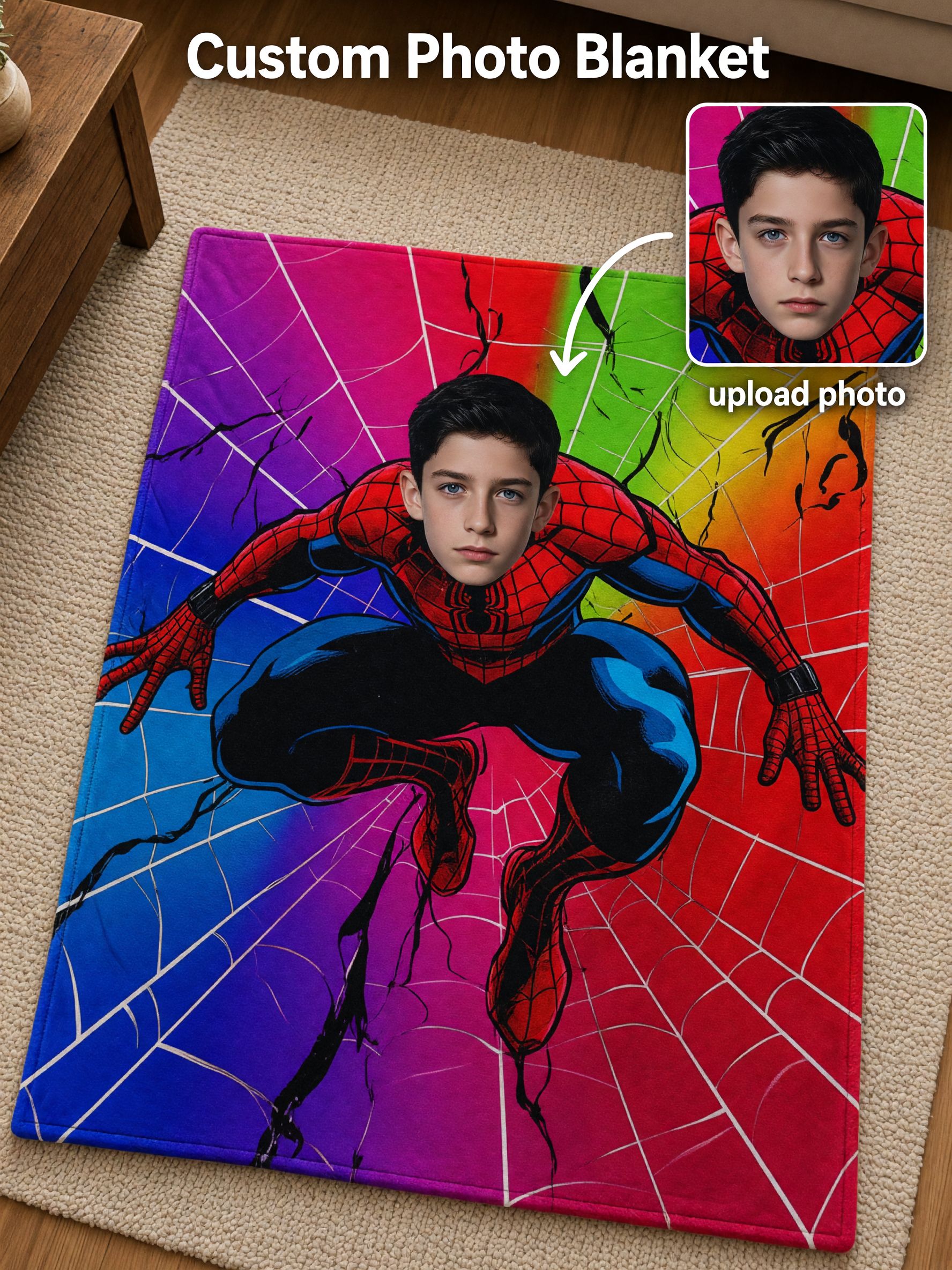 Custom Face Superhero Flannel Fleece Blanket, Personalized Photo Rainbow Throw, Ideal Cozy Gift for Kids and Adults
