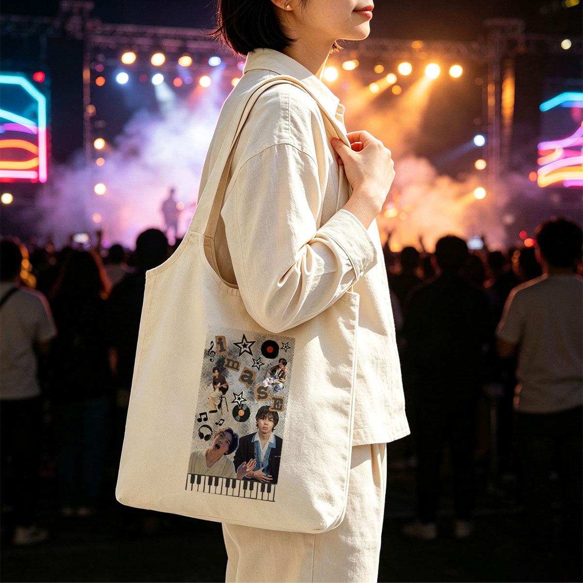 Imase Band Members in Music-Themed Collage with Guitar, Piano Keys, and Vinyl Records - Canvas shoulder bags/