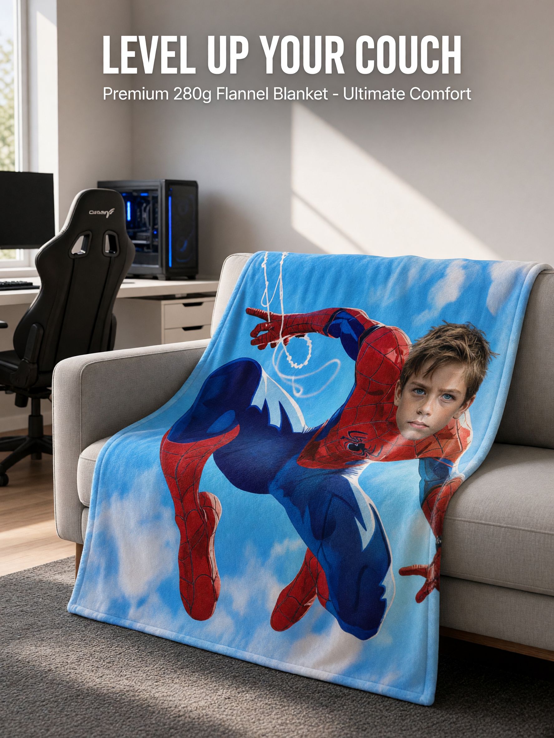 Custom Photo Superhero Flannel Blanket, Personalized Face Throw, Cozy Fleece Keepsake Gift for Kids and Family