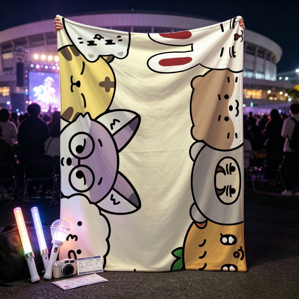 Cute Cartoon Characters in a Playful Pattern with Whimsical Expressions and Bright Colors - Blankets