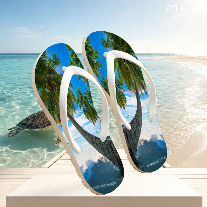 Tropical Beach with Swaying Palm Trees and Crystal Clear Waters -  flip-flops