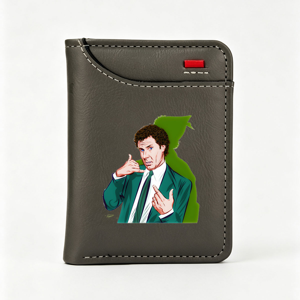 Will Ferrell as Ron Burgundy in Anchorman, making a phone gesture with expressive hands and a green suit. - Vertical Style Wallet