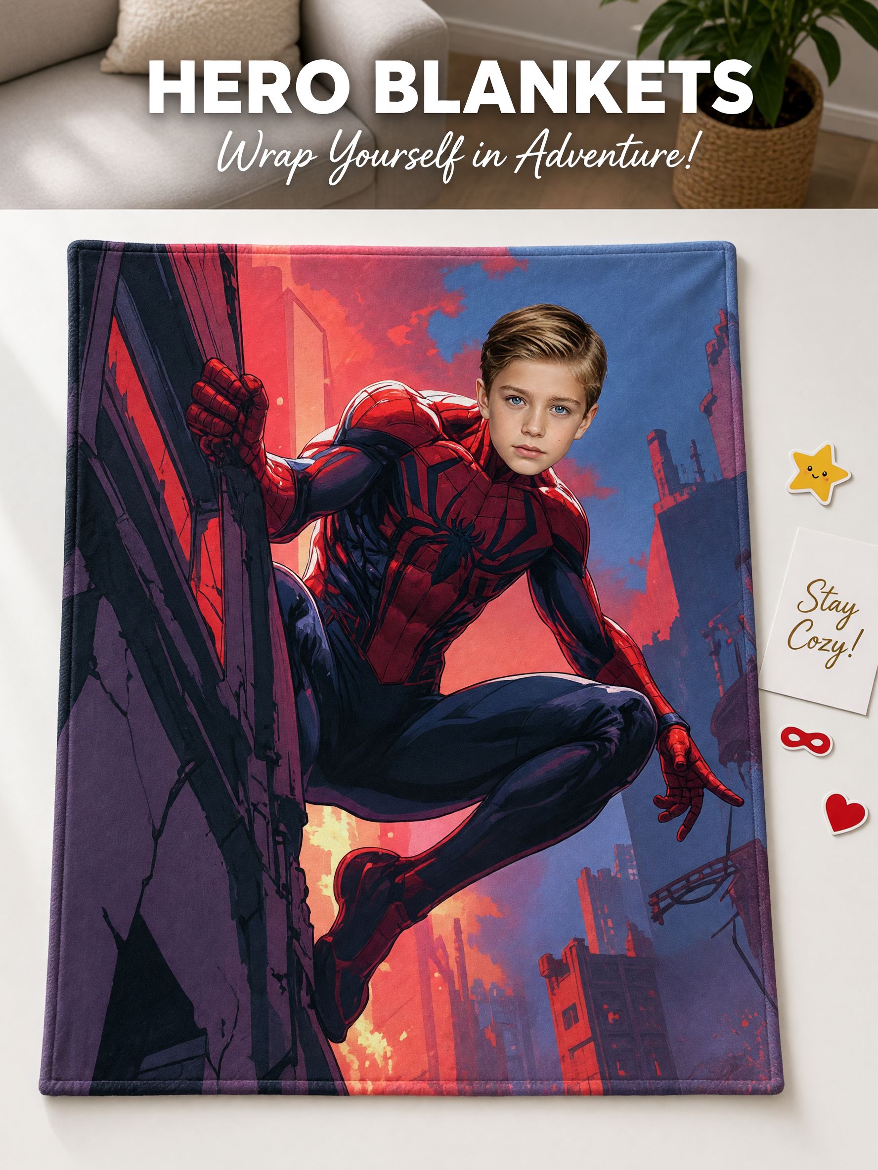 Custom Face Superhero Flannel Throw Blanket Personalized Photo Fleece Bed Cover for Kids and Adults Cozy Gift Idea