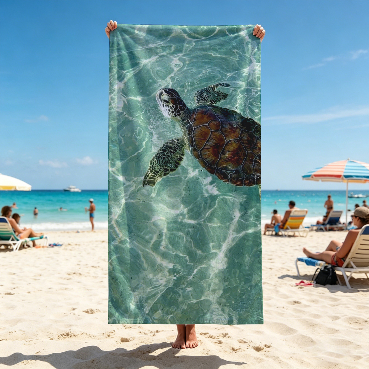 Sea Turtle Swimming in Clear Turquoise Water - Beach towels
