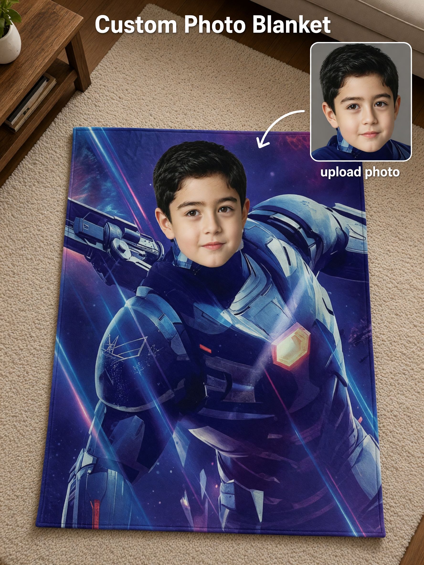 Personalized Photo Superhero Flannel Throw Blanket Custom Face Sci-Fi Armor Bedding Cozy Soft Plush Gift for Kids and