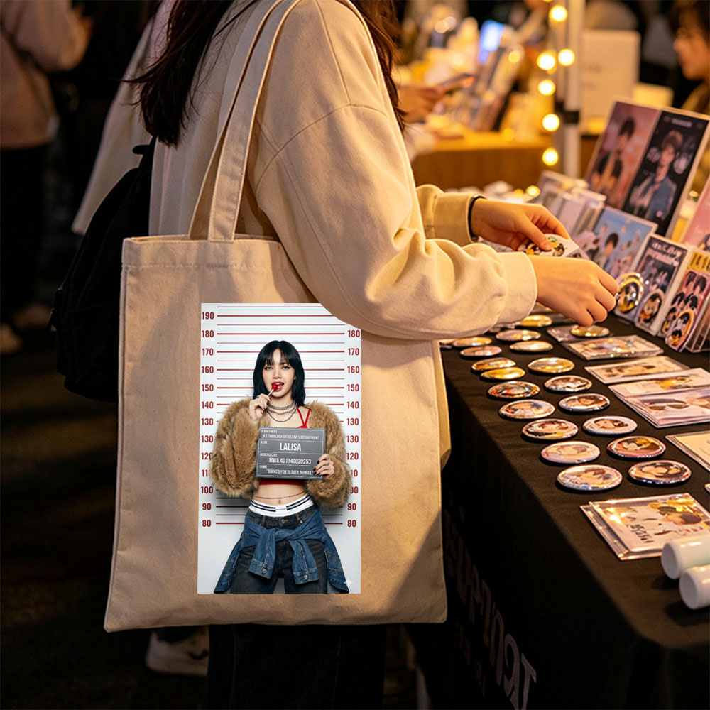 Lalisa Mugshot Scene - Black Hair, Red Lipstick, Fur Coat, and Denim Jacket in Front of Height Chart - Canvas tote bags