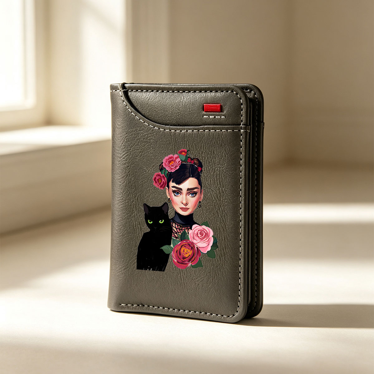 Audrey Hepburn with Roses and Black Cat - Vertical Style Wallet