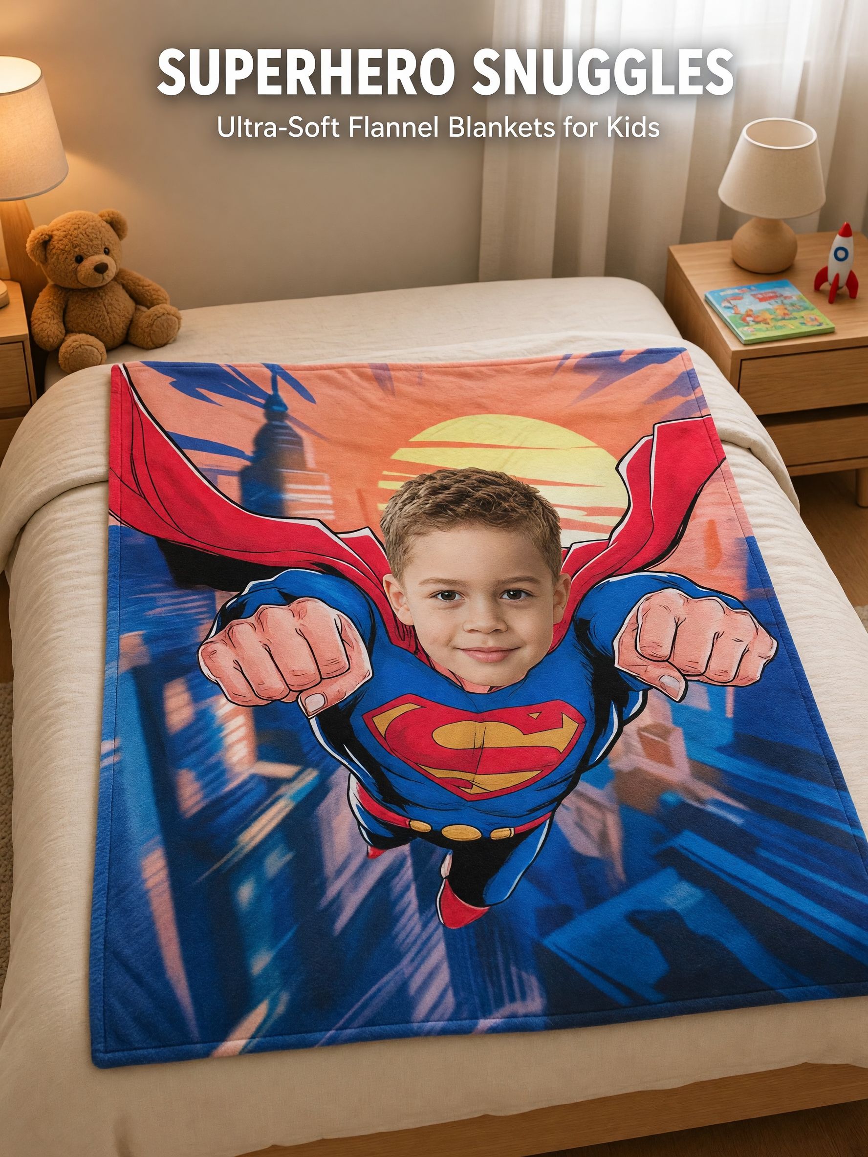 Custom Photo Superhero Blanket, Personalized Face Flannel Throw, Ultra Soft Skin-Friendly Fleece for Bed Couch Travel