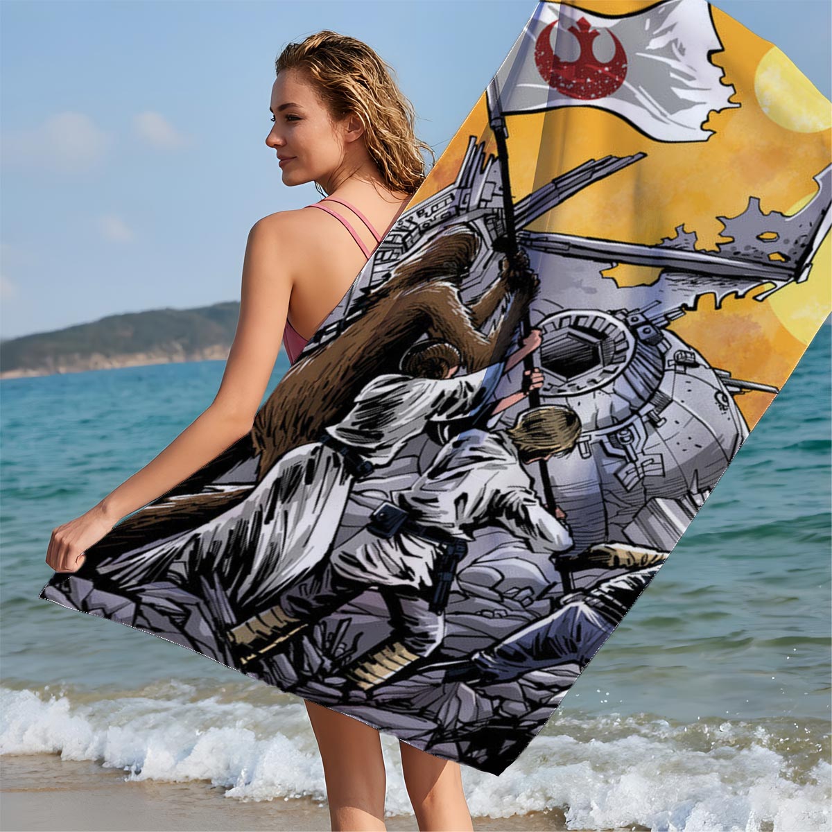 Rebel Alliance: Chewbacca, Luke Skywalker, Han Solo, and Princess Leia Rally Around the Millennium Falcon Amidst a Desert Battle Scene - Beach towels
