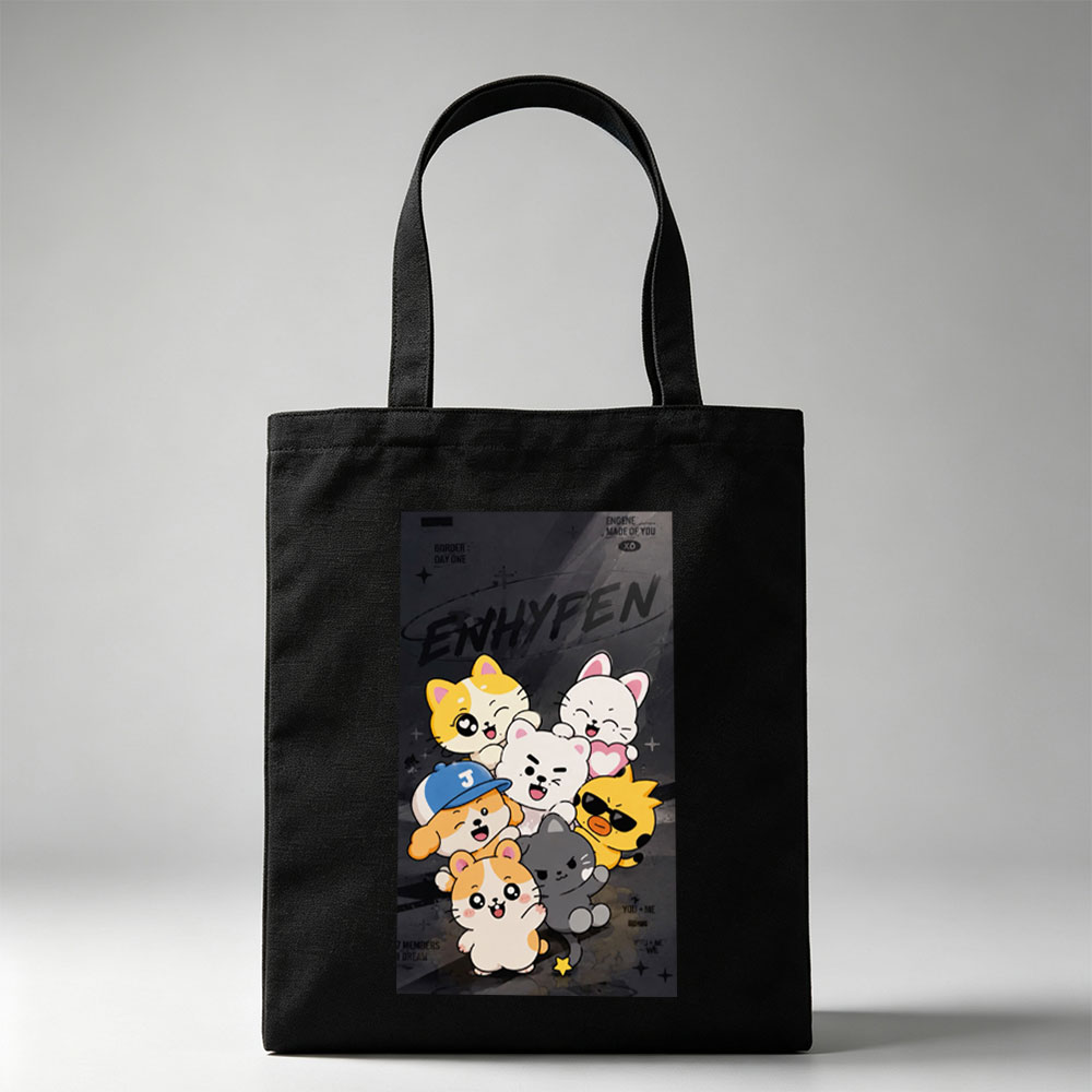 ENHYPEN Cute Cartoon Cats Group Pose on Dark Background Wallpaper - Canvas tote bags