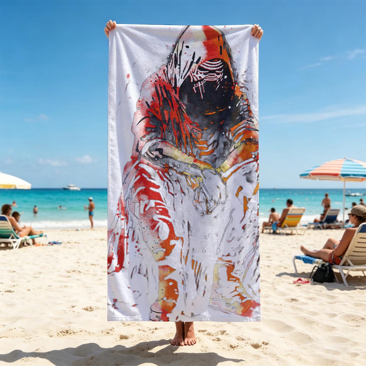 Hooded Figure in Red Cloak with Masked Face - Beach towels