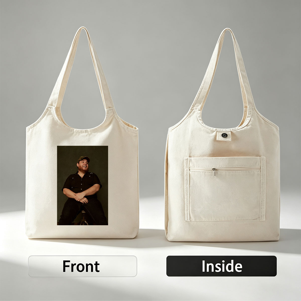 Luke Combs Sitting on a Stool Laughing in a Black Shirt and Cap - Canvas shoulder bags/