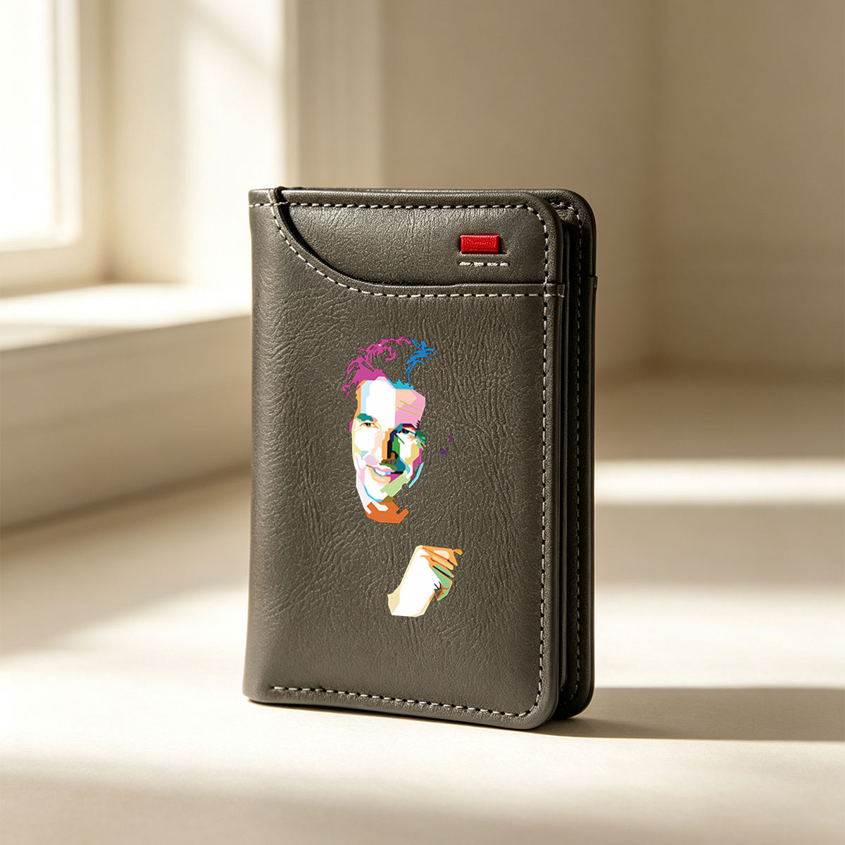 Colorful Abstract Portrait of a Smiling Man with Vibrant Hair and Hand Gesture - Vertical Style Wallet