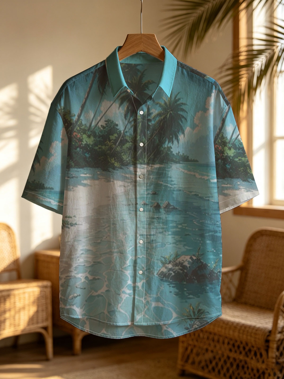 Serene Tropical Beach with Palm Trees and Crystal Clear Water -  Shirt