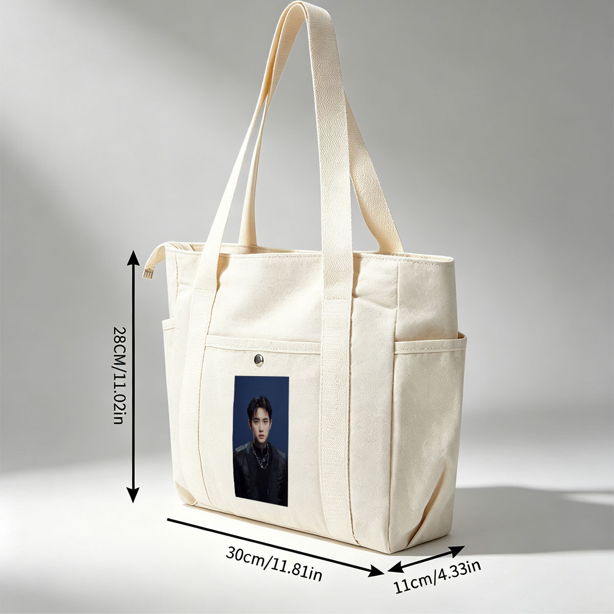 Do Kyung Soo in a Stylish Black Outfit with Layered Necklaces Against a Dark Blue Background - Multi-pocket bags