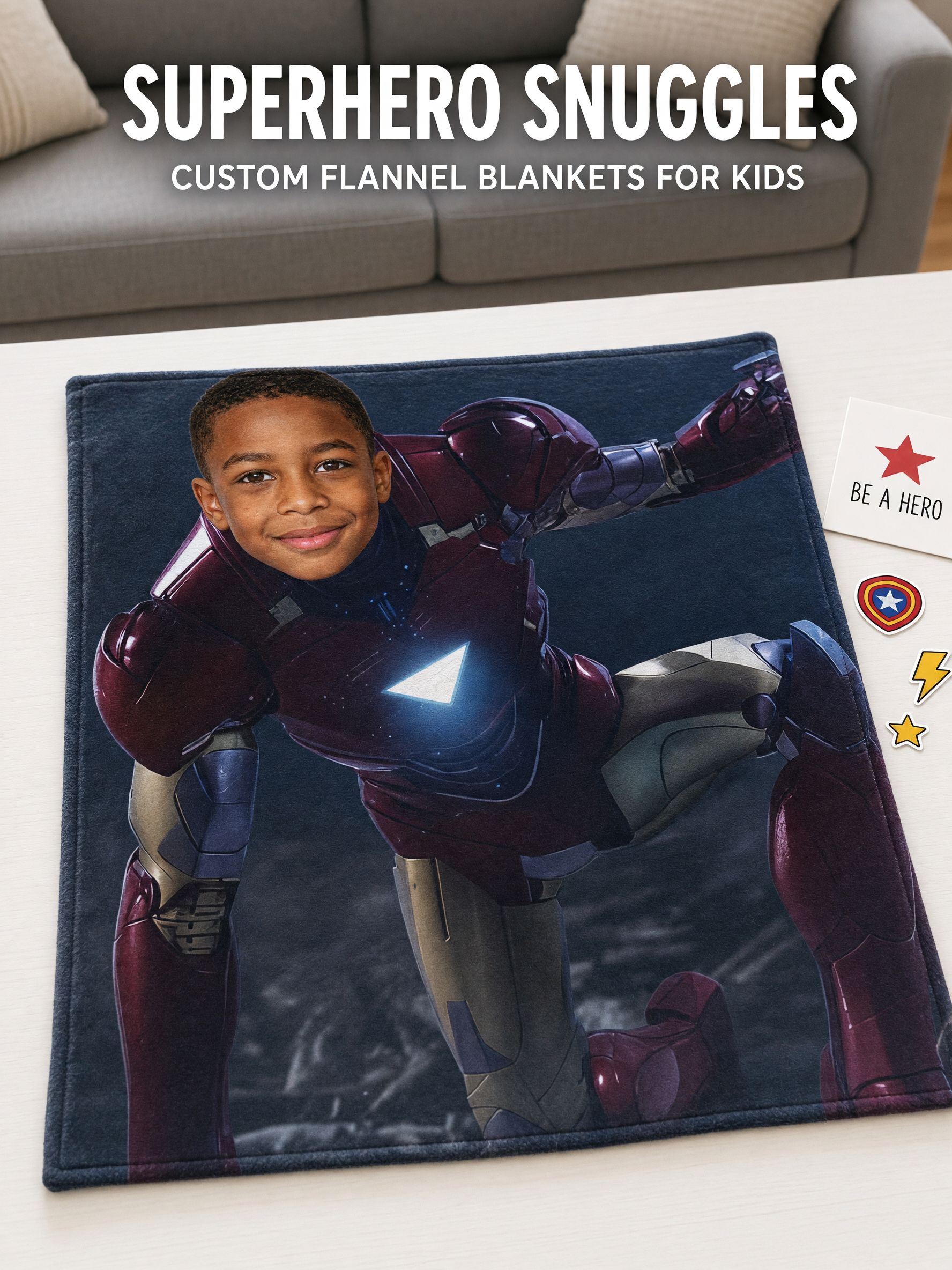 Custom Face Superhero Flannel Blanket, Personalized Photo Plush Throw for Kids and Adults, Cozy Bed and Couch Gift