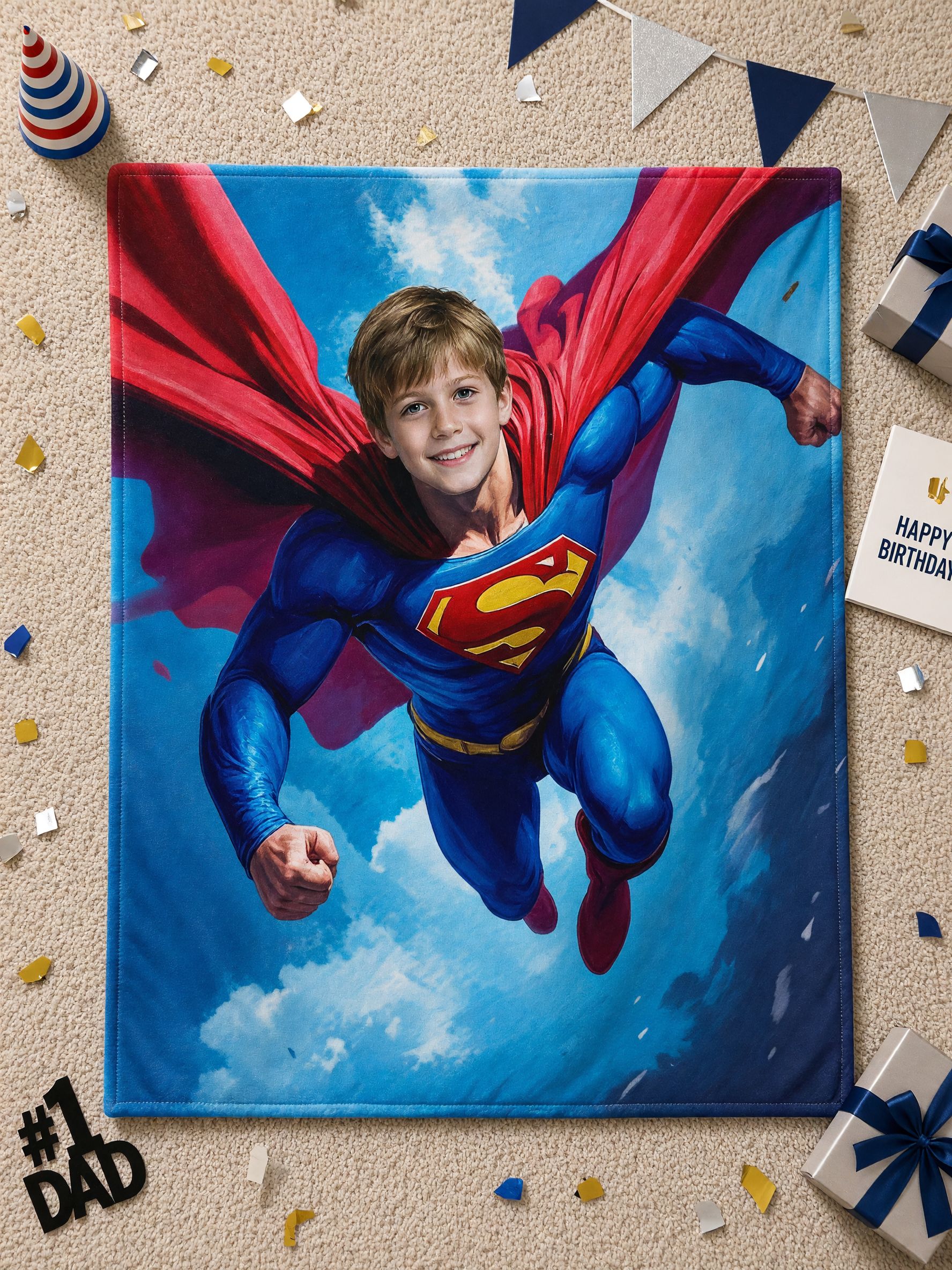 Custom Face Photo Flannel Fleece Blanket Personalized Flying Superhero Throw Cover for Bed Sofa Ideal Birthday Gift