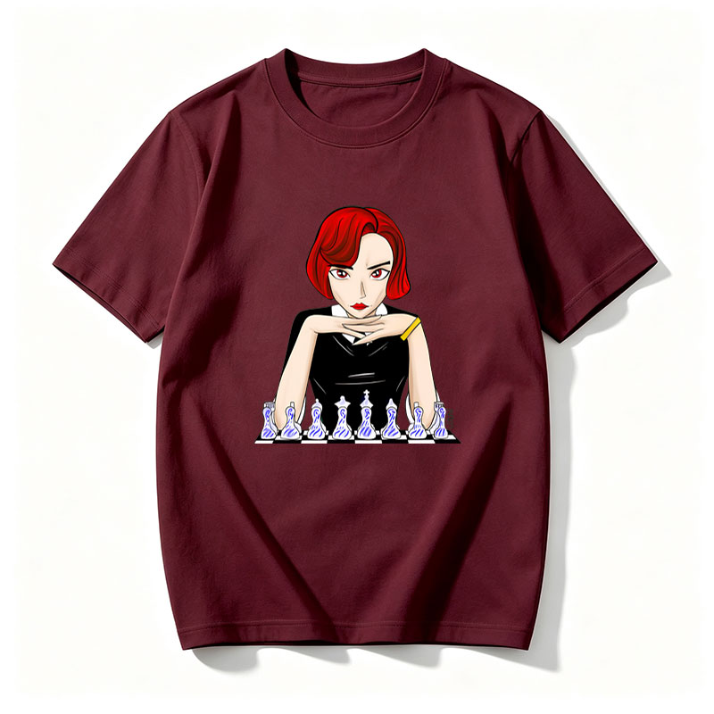 Red-Haired Woman in Black Dress Playing Chess - Tee