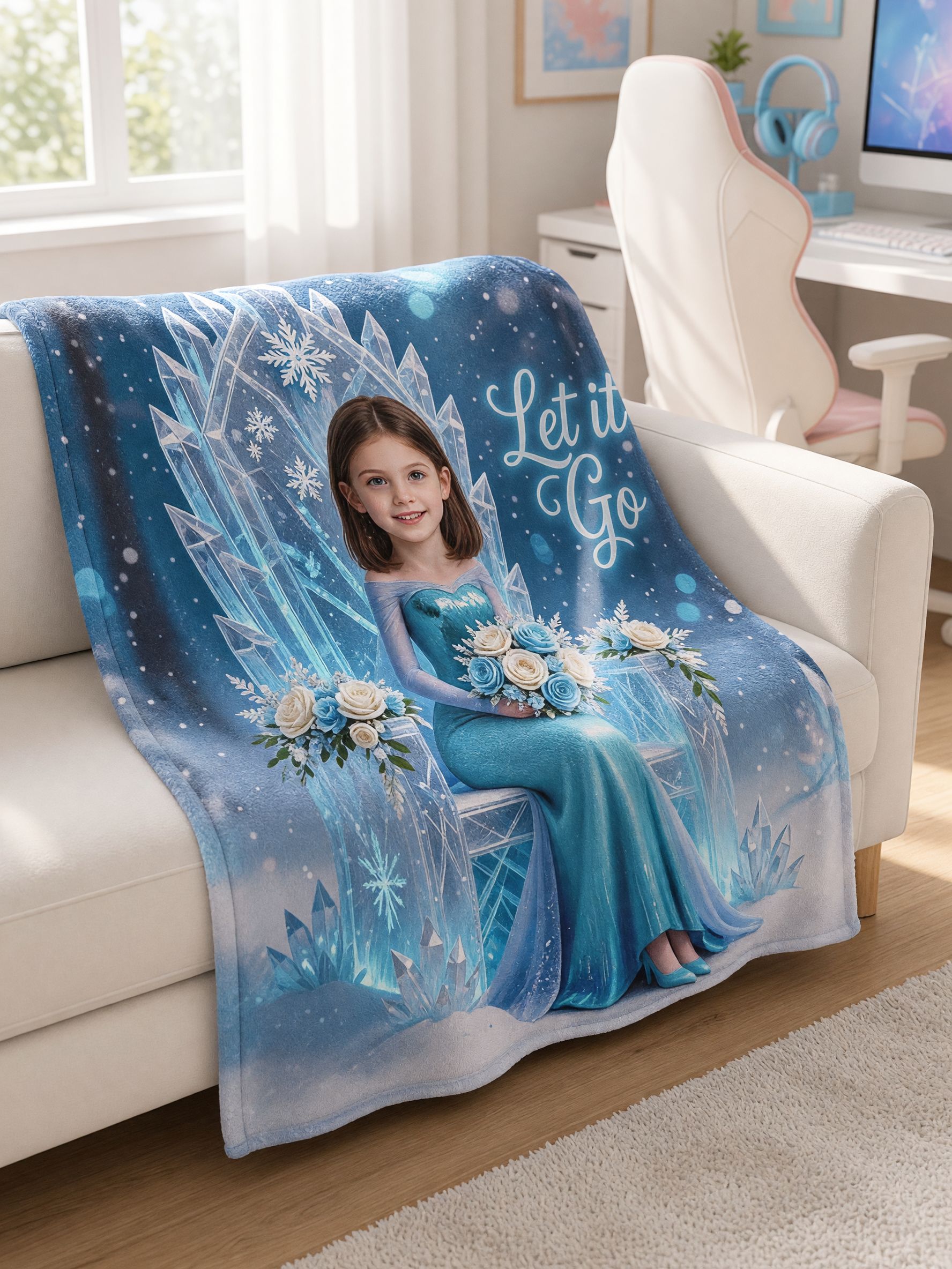Custom Face Ice Princess Fleece Blanket, Personalized Photo Winter Throne Throw, Ideal Cozy Gift for Bed and Couch