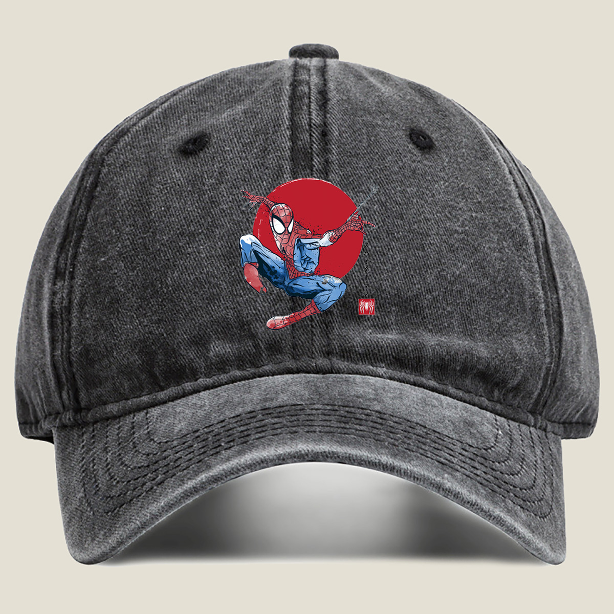 Spider-Man in Action Against Red Sun Background - Washed Denim - Baseball Cap