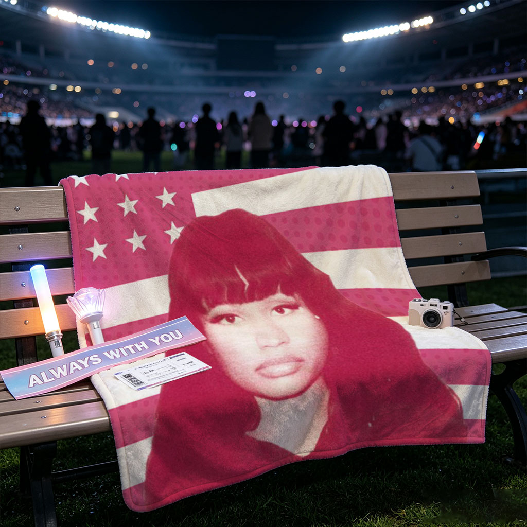 Nicki Minaj in Front of Pink American Flag Background - Blankets