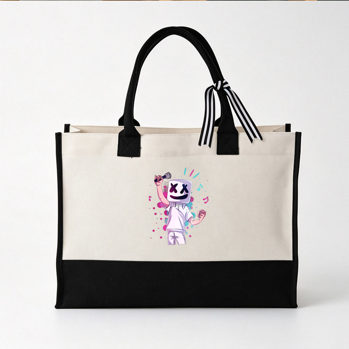 Marshmello Performing with Microphone and Music Notes - Canvas patchwork gift tote bag