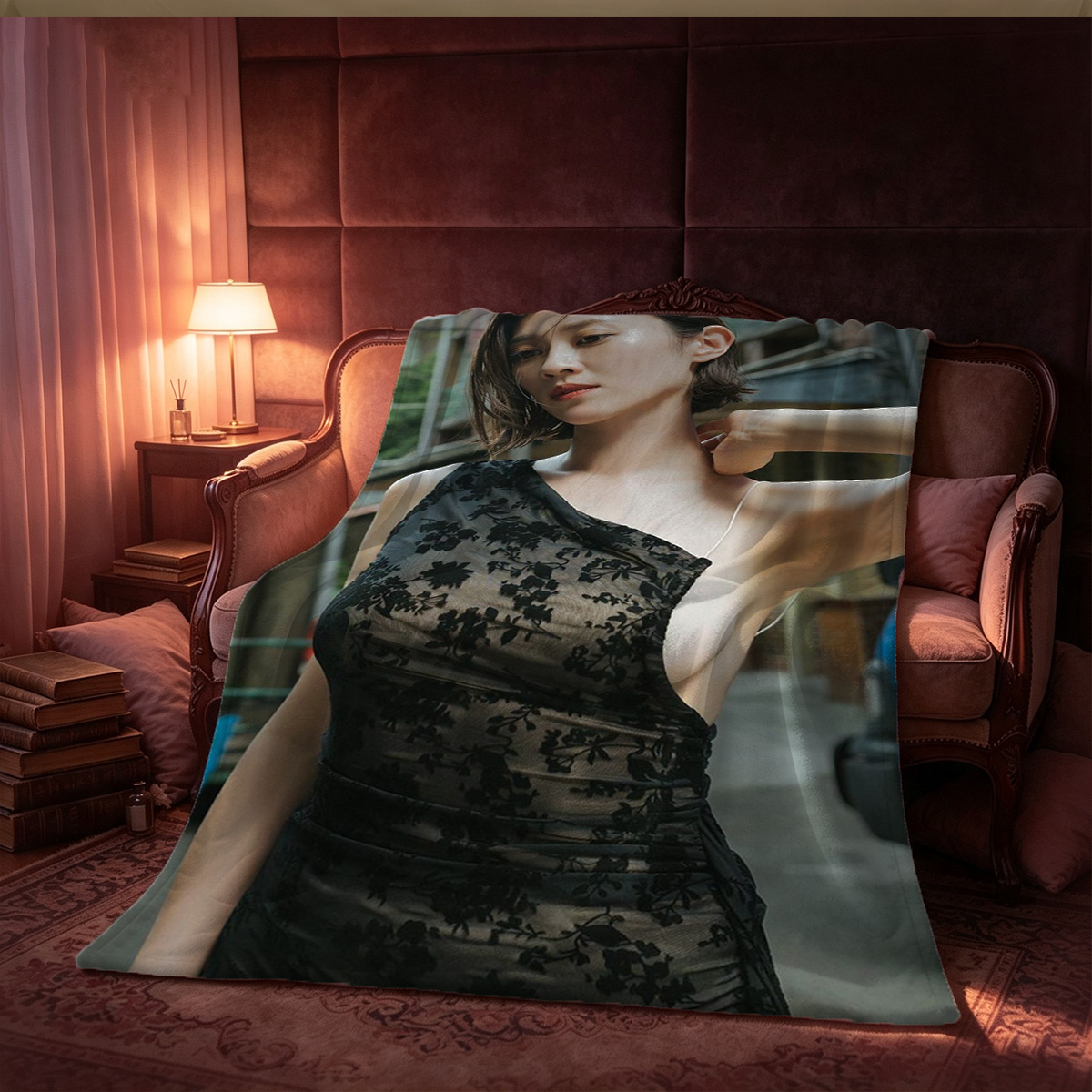 Shu Qi in Light Blue Lace Lingerie Leaning by Window. - Blanket