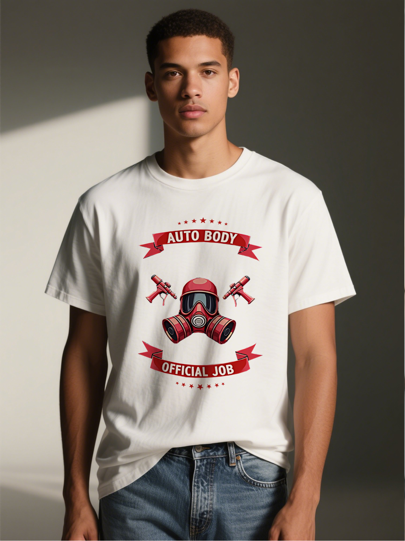 Men's Auto Body Painter Print T-Shirt with Red Respirator and Spray Gun Design, Casual Round Neck Lightweight Breathable Summer Short Sleeve Tee for Automotive Workers and Car Enthusiasts