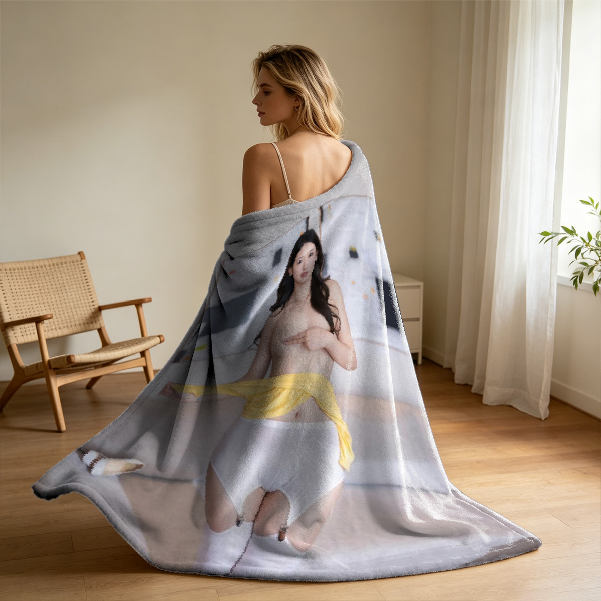 Wet Asian Woman in Blue Lace Babydoll Sitting on Wooden Deck - Blanket