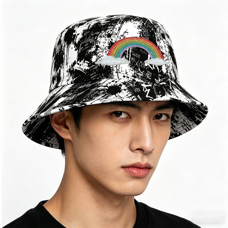 Unisex Classic Graffiti Bucket Hat with Glitter Rainbow and Cloud Print | Casual Streetwear Sun Protection Hat for Outdoor Activities, Travel, Festival | Perfect for Young Adults and Trendy Fashion Lovers