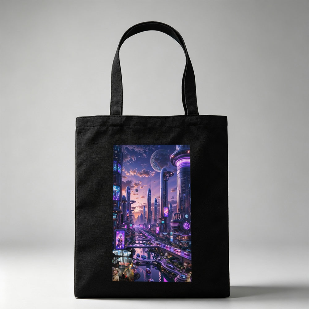 Taylor Swift in Futuristic Cityscape - Neon-Lit Metropolis with Hovering Cars and Giant Moon in the Sky - Canvas tote bags