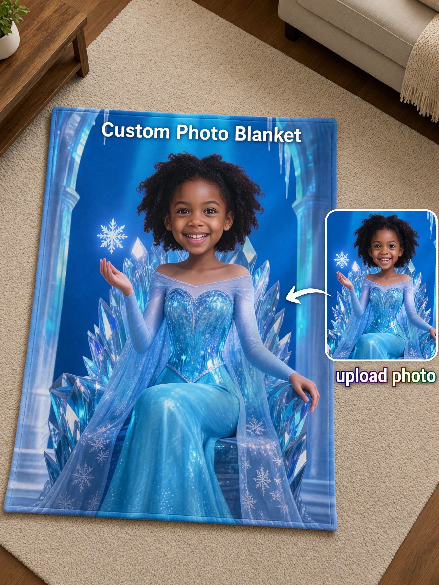 Custom Photo Face Blanket, Ice Princess Crystal Throne Velvet Flannel Throw, Ideal Personalized Birthday Gift