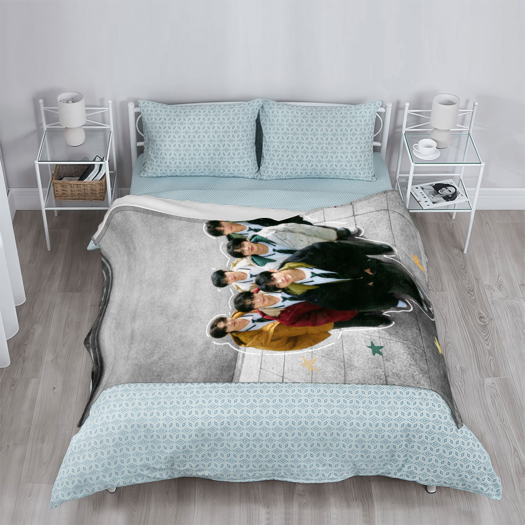 TXT Group in School Uniforms Standing Together Outdoors with Star Accents - Blankets