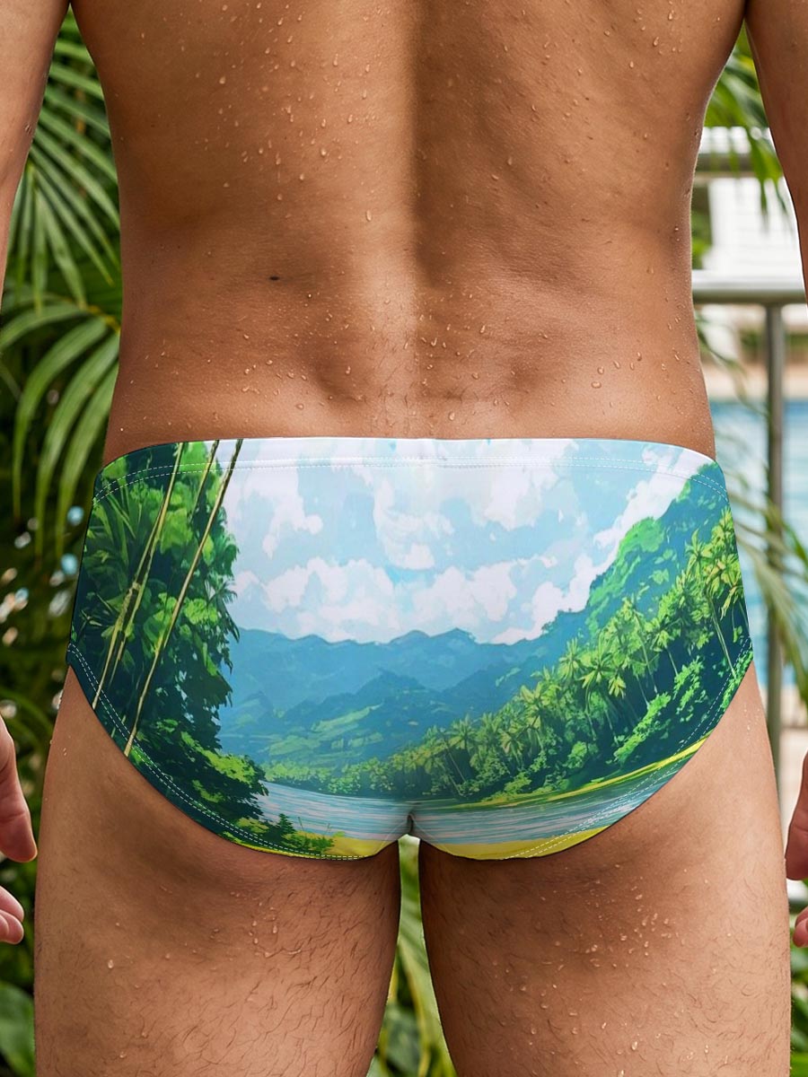 Tropical River Landscape with Lush Greenery and Palm Trees -  Men's swim trunks