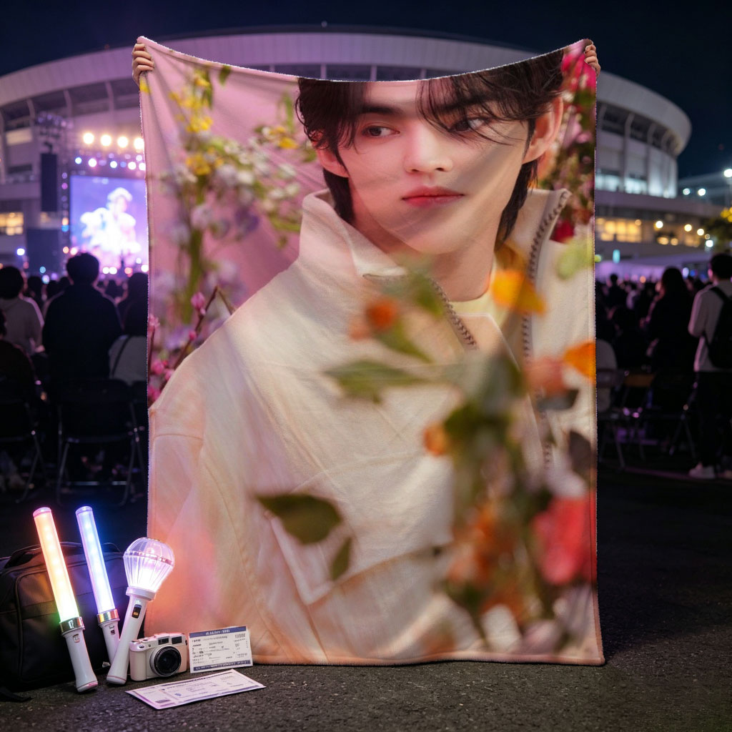 Sungchan in a floral garden, wearing a soft pink jacket with vibrant flowers in the foreground - Blankets