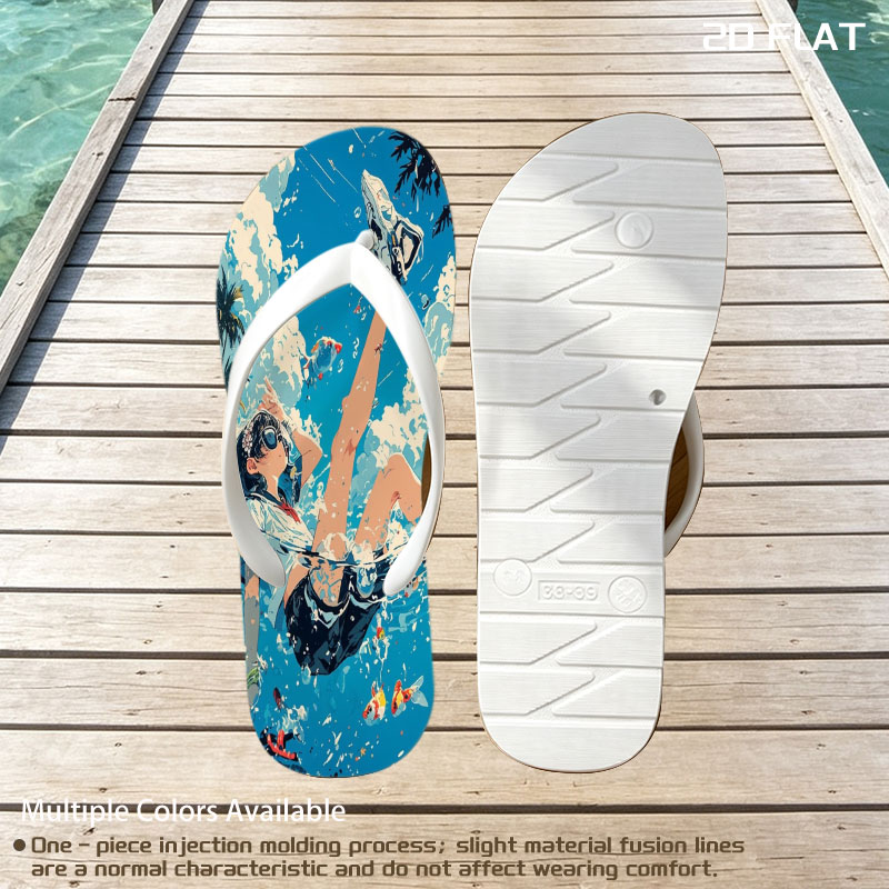 Girl floating in water with koi fish and palm trees under blue sky -  flip-flops