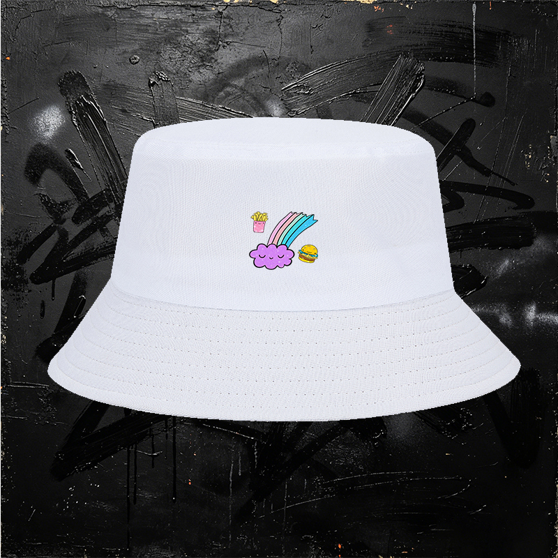 Unisex Bucket Hat with Cute Food Rainbow Print - Kawaii Fast Food Design, Sparkly Cloud and Burger Pattern - Classic Adjustable Sun Hat for Outdoor Activities, Beach, Travel, and Casual Wear - Perfect for Teens, Youth, and Trendy Adults