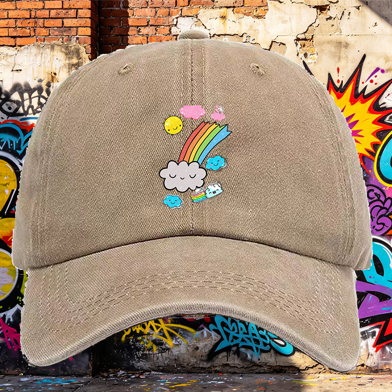 Men's Printed Washed Cap with Rainbow Clouds and Sparkle Sun Design - Casual Round Brim Summer Lightweight Hat for Outdoor Activities, Travel, and Daily Wear - Perfect for Young Adults and Trendy Urban Stylists