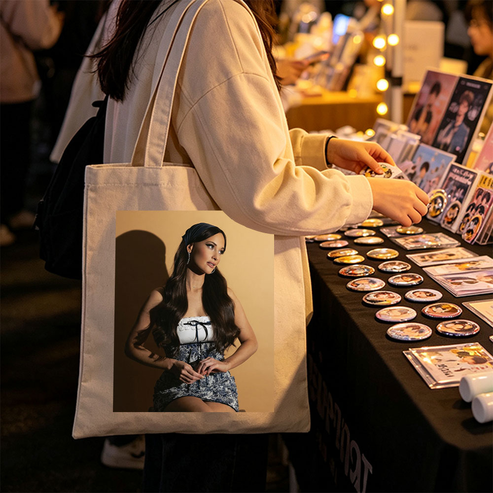 Lana Del Rey in a Stylish Blue and White Dress with Lace-Up Detail on a Warm Background - Canvas tote bags