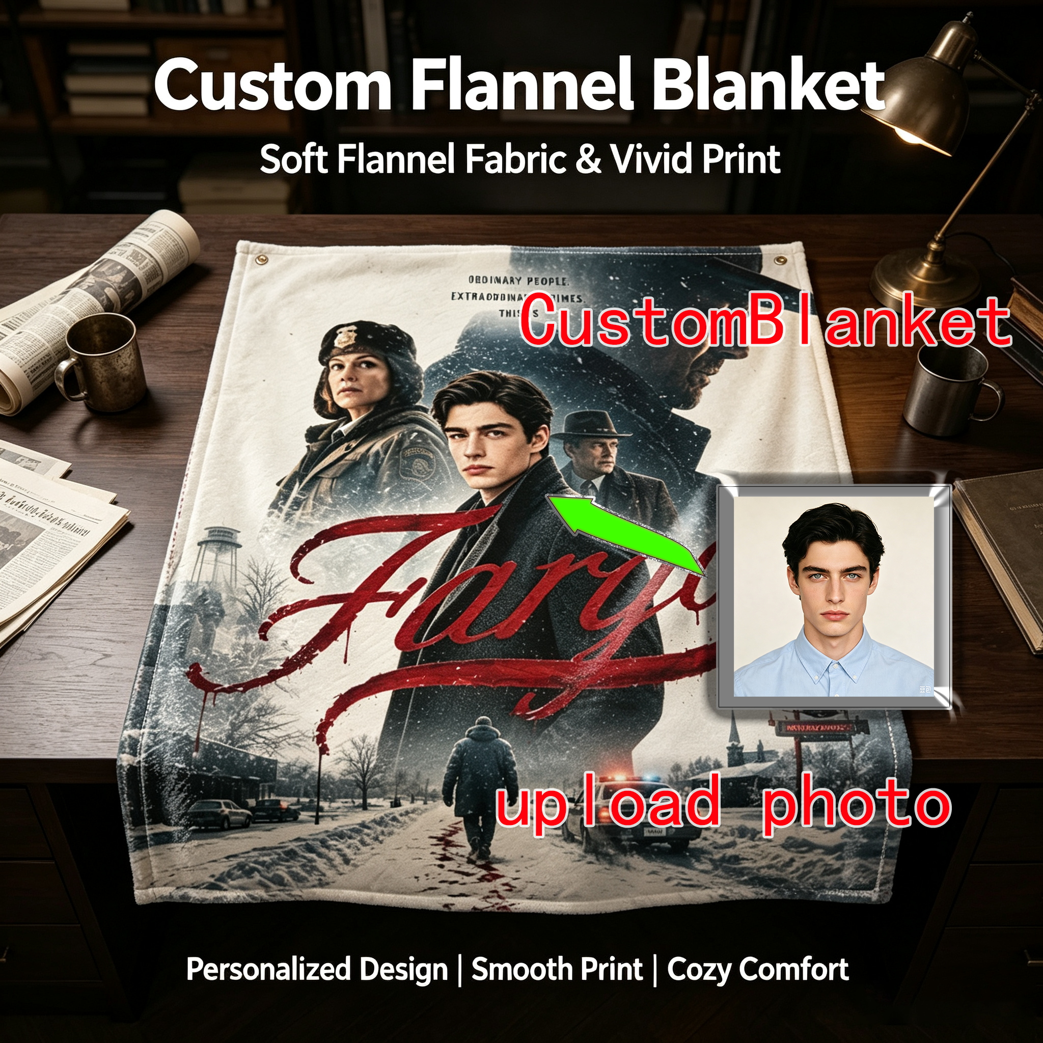 Custom Face Blanket Fargo TV Series Flannel Blanket Cozy Winter Throw Gift for Fans of FX Original Crime Drama Show